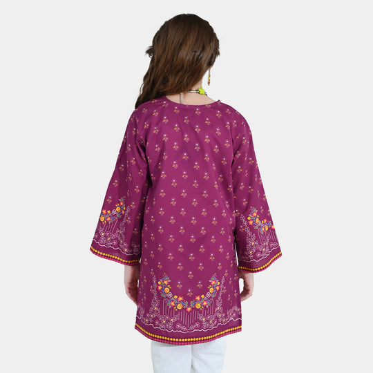Girls Cotton Poplin Printed Kurti - Purple/Plum