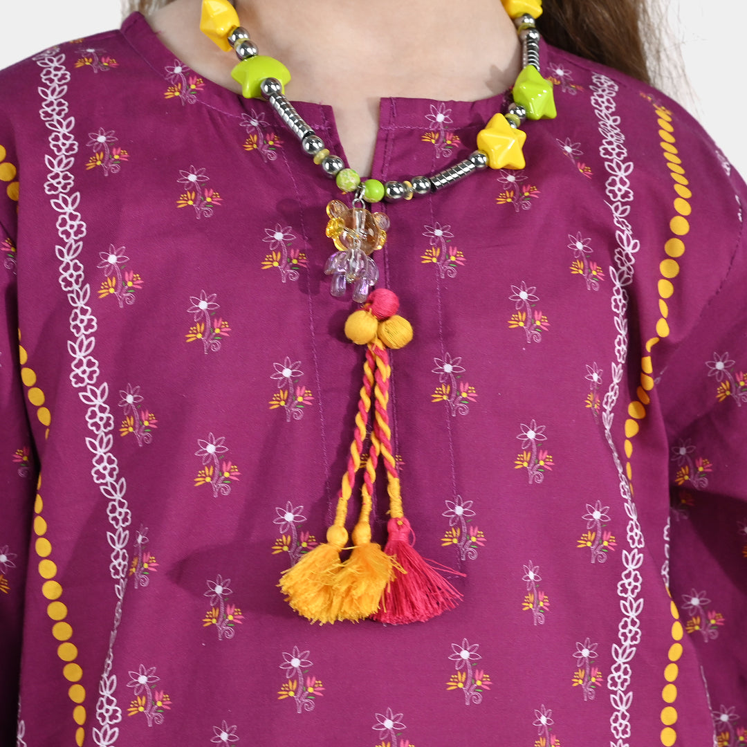 Girls Cotton Poplin Printed Kurti - Purple/Plum