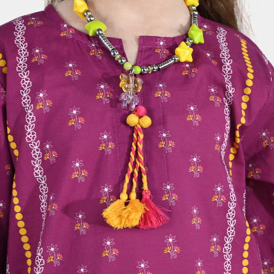 Girls Cotton Poplin Printed Kurti - Purple/Plum