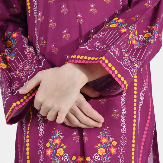 Girls Cotton Poplin Printed Kurti - Purple/Plum