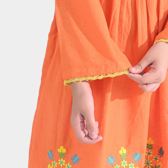 Girls Jacquard Emb Kurti Classic | ORANGE