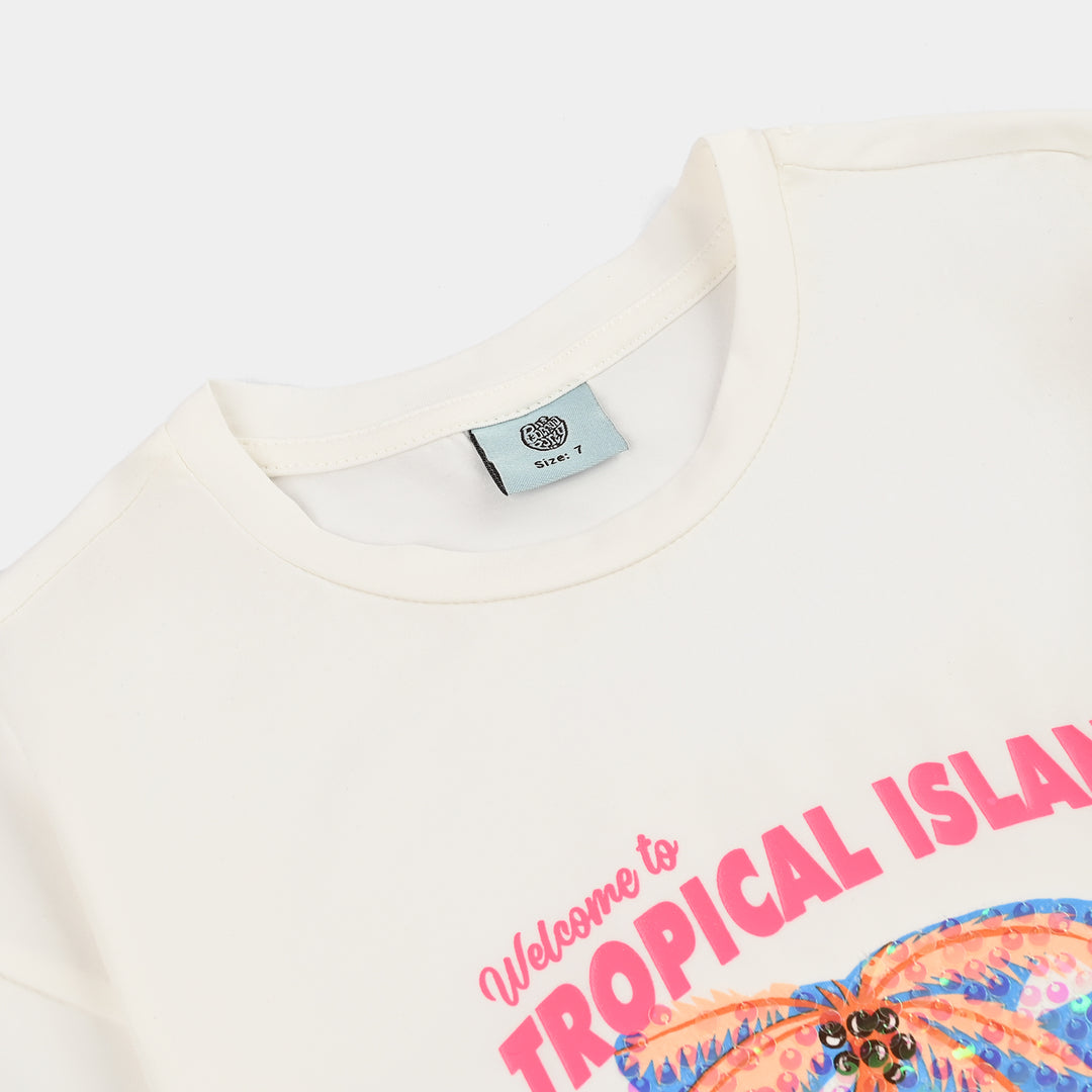 Girls Lycra Jersey T-Shirt Tropical-White