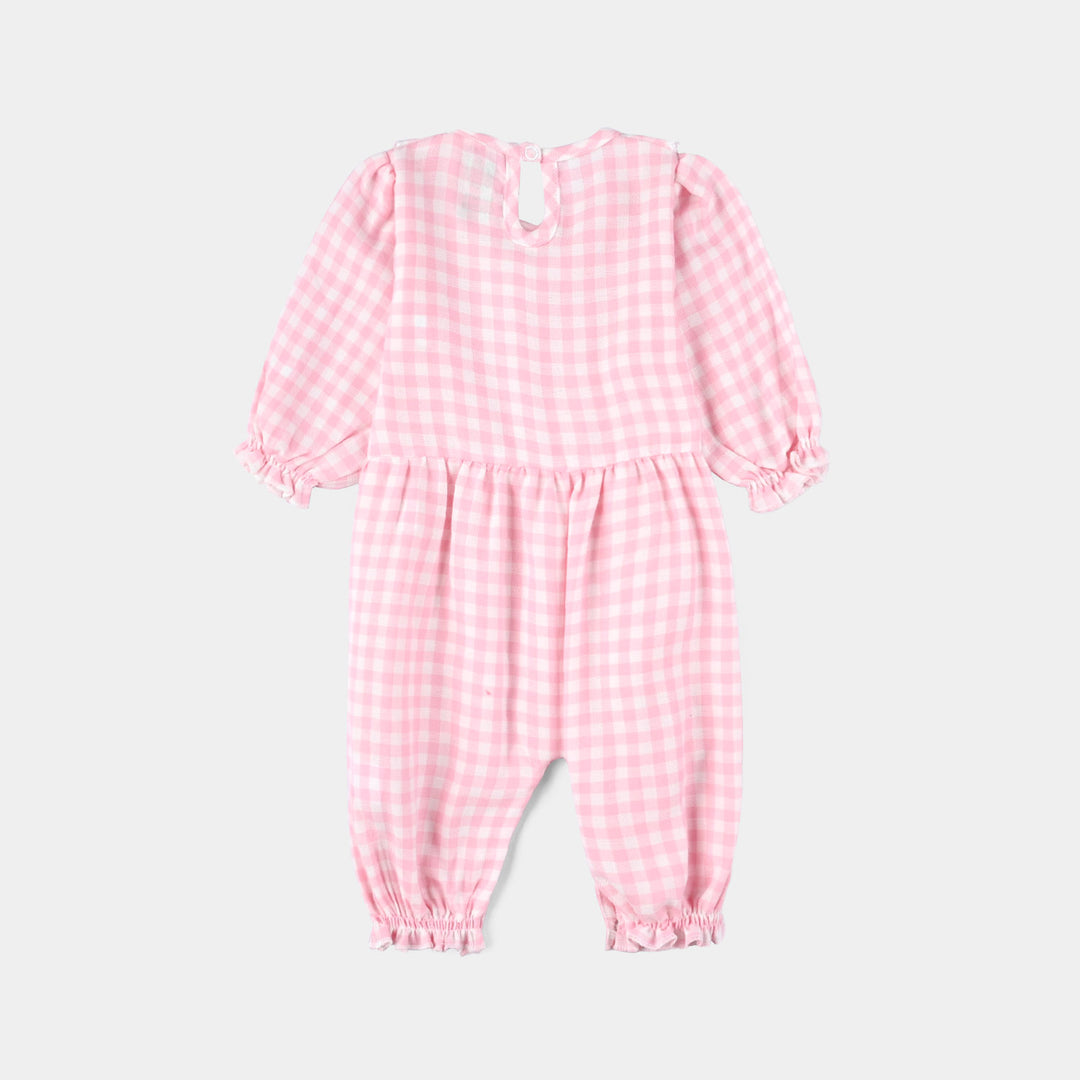 Infant Girls Yarn Dyed Romper EMB Fashion Pocket-Pink/White