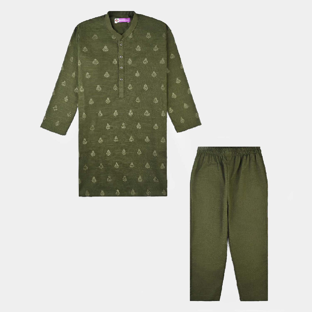 Boys Cotton Slub Shalwar Suit (Monotone)-Green