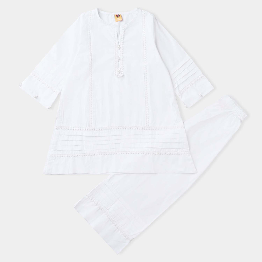 Girls Cotton Poplin IND 2Pcs Suit White Pearl