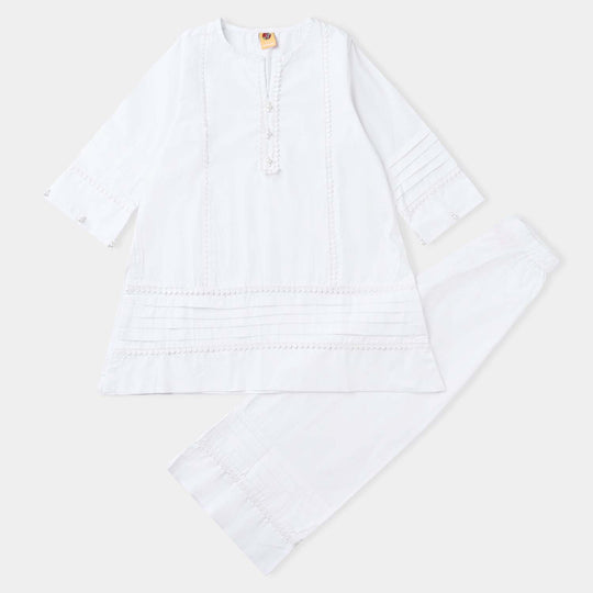 Girls Cotton Poplin IND 2Pcs Suit White Pearl