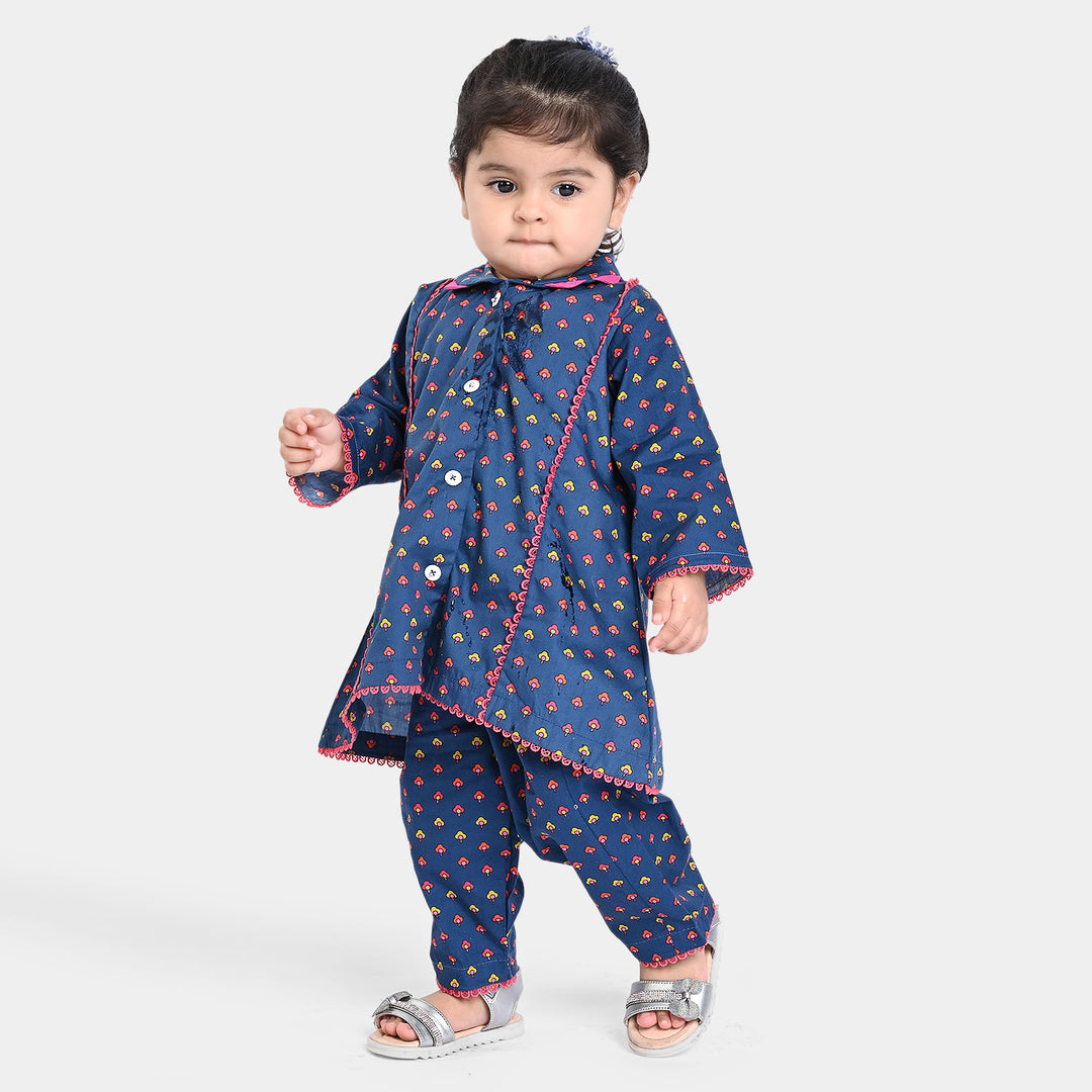 Infant Girls Cotton Poplin Printed 2PCs Suit Bittersweet-Navy Blue