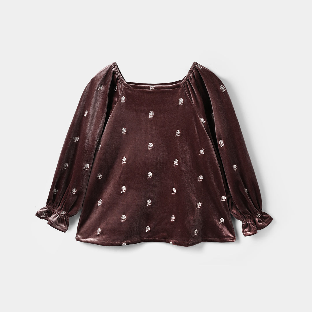 Girls Velvet Emb Top Winter Garden - Purple