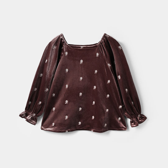 Girls Velvet Emb Top Winter Garden - Purple