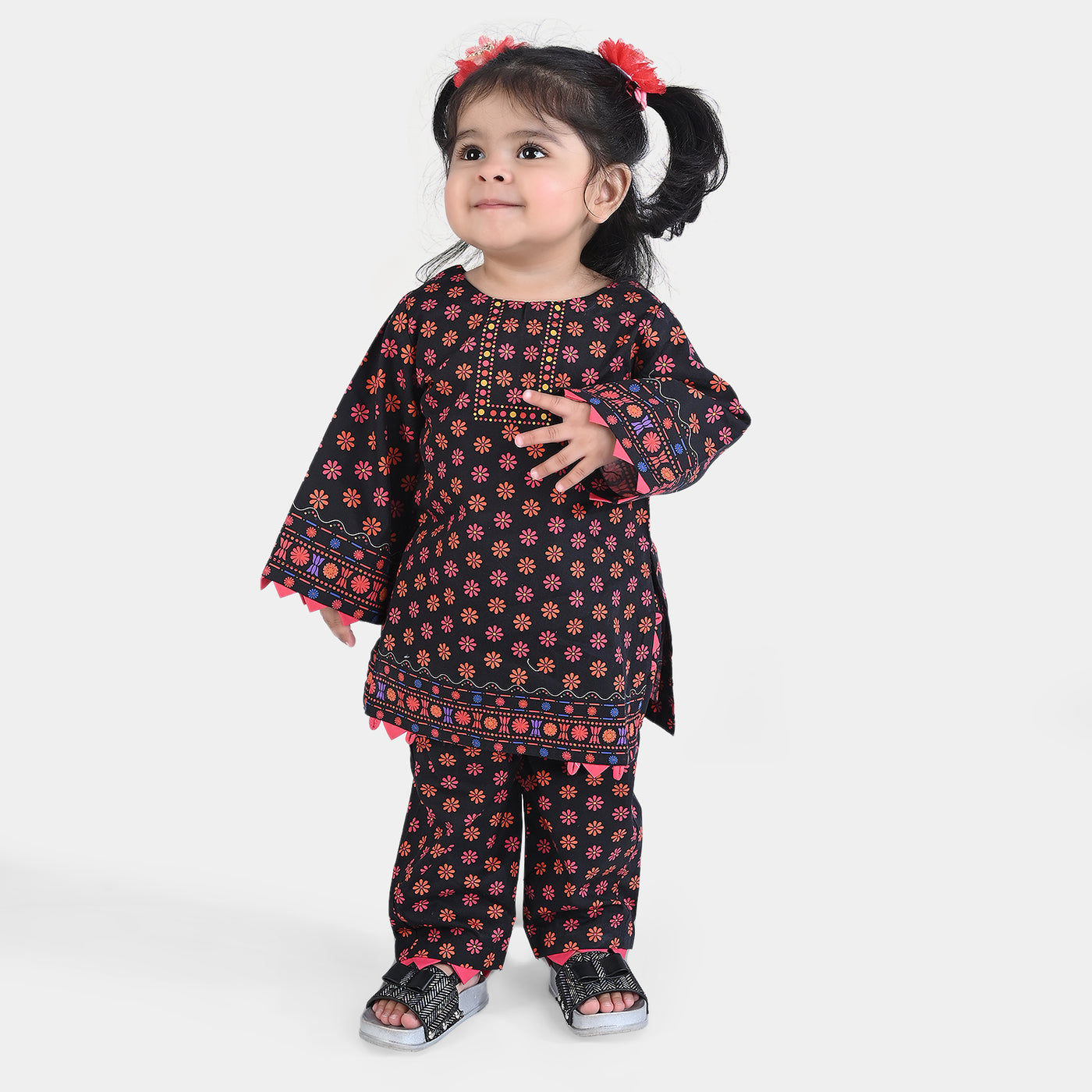 Infant Girls Cotton Poplin Printed 2PC Suit Polka Flowers-BLACK