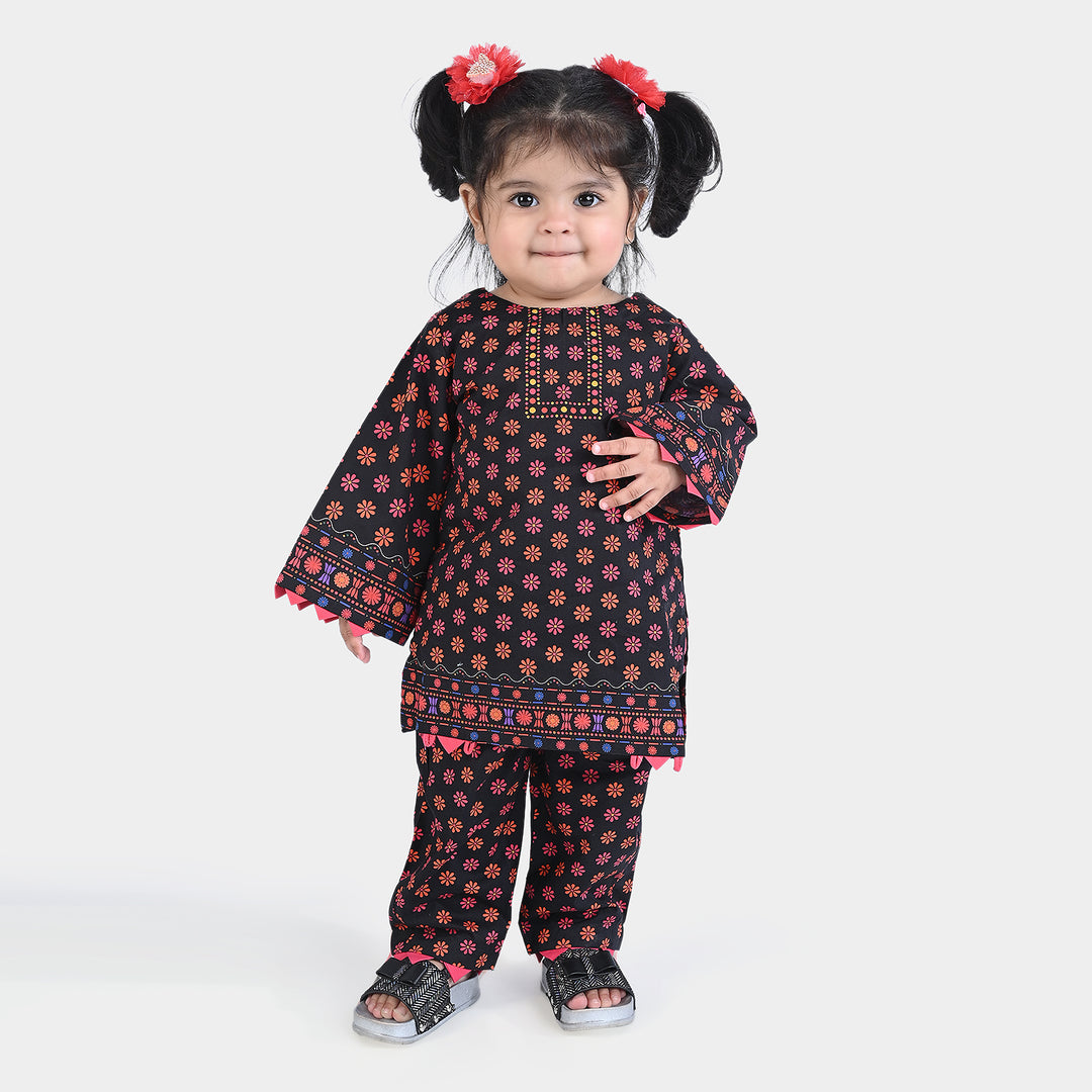 Infant Girls Cotton Poplin Printed 2PC Suit Polka Flowers-BLACK