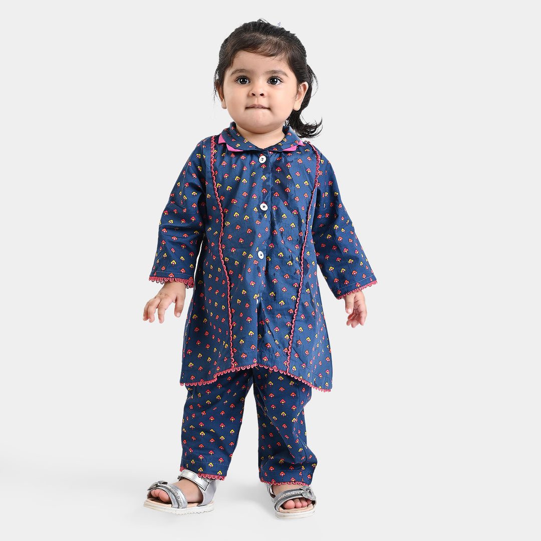 Infant Girls Cotton Poplin Printed 2PCs Suit Bittersweet-Navy Blue