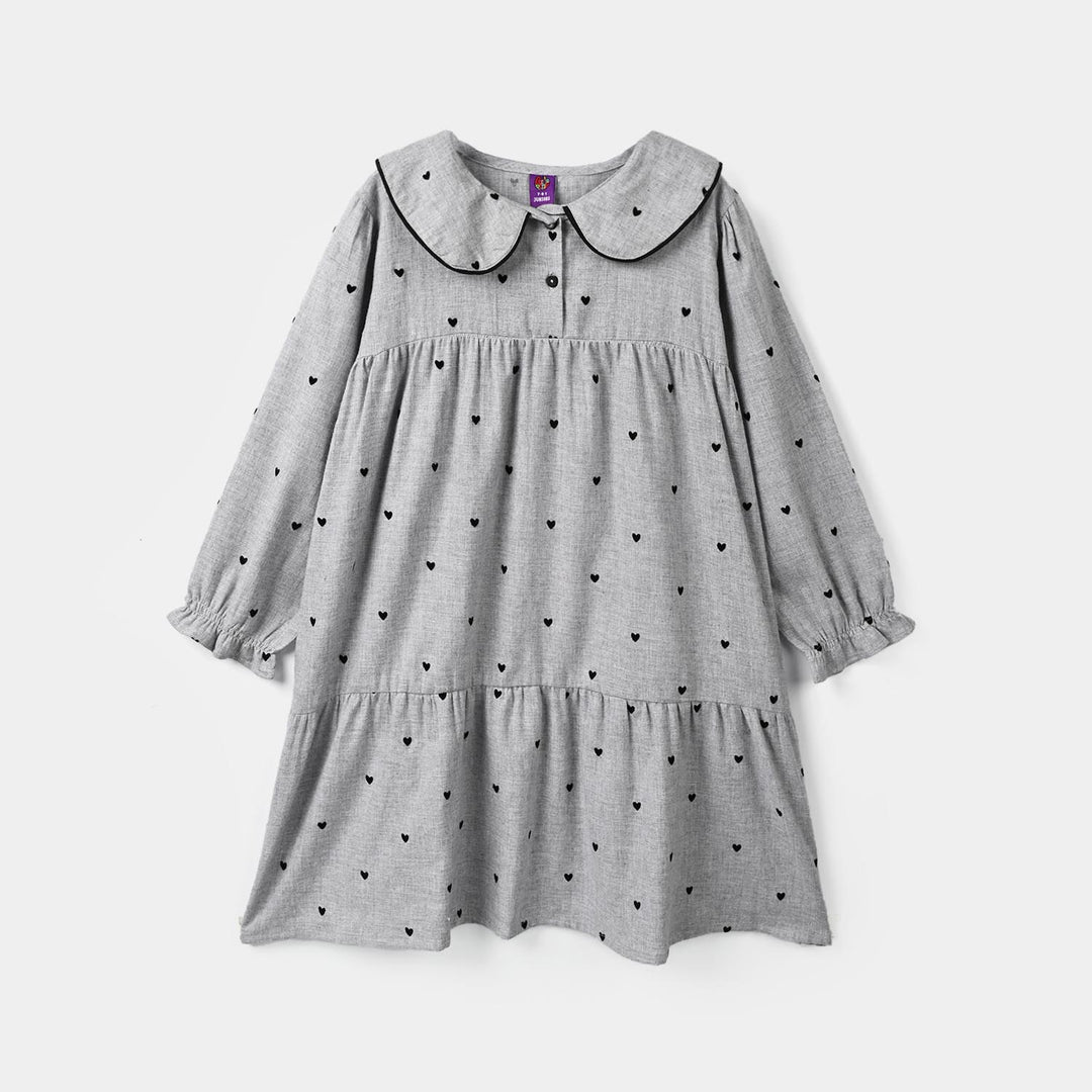 Girls Poly Viscose Casual Frock Black Hearts-GREY