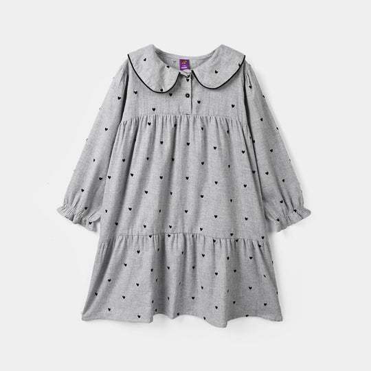 Girls Poly Viscose Casual Frock Black Hearts-GREY