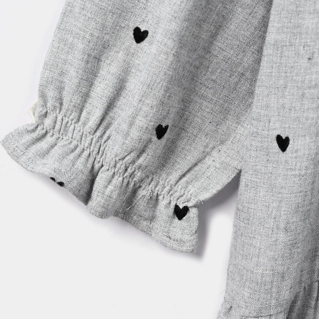 Girls Poly Viscose Casual Frock Black Hearts-GREY