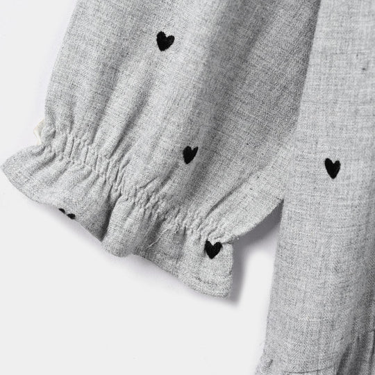 Girls Poly Viscose Casual Frock Black Hearts-GREY