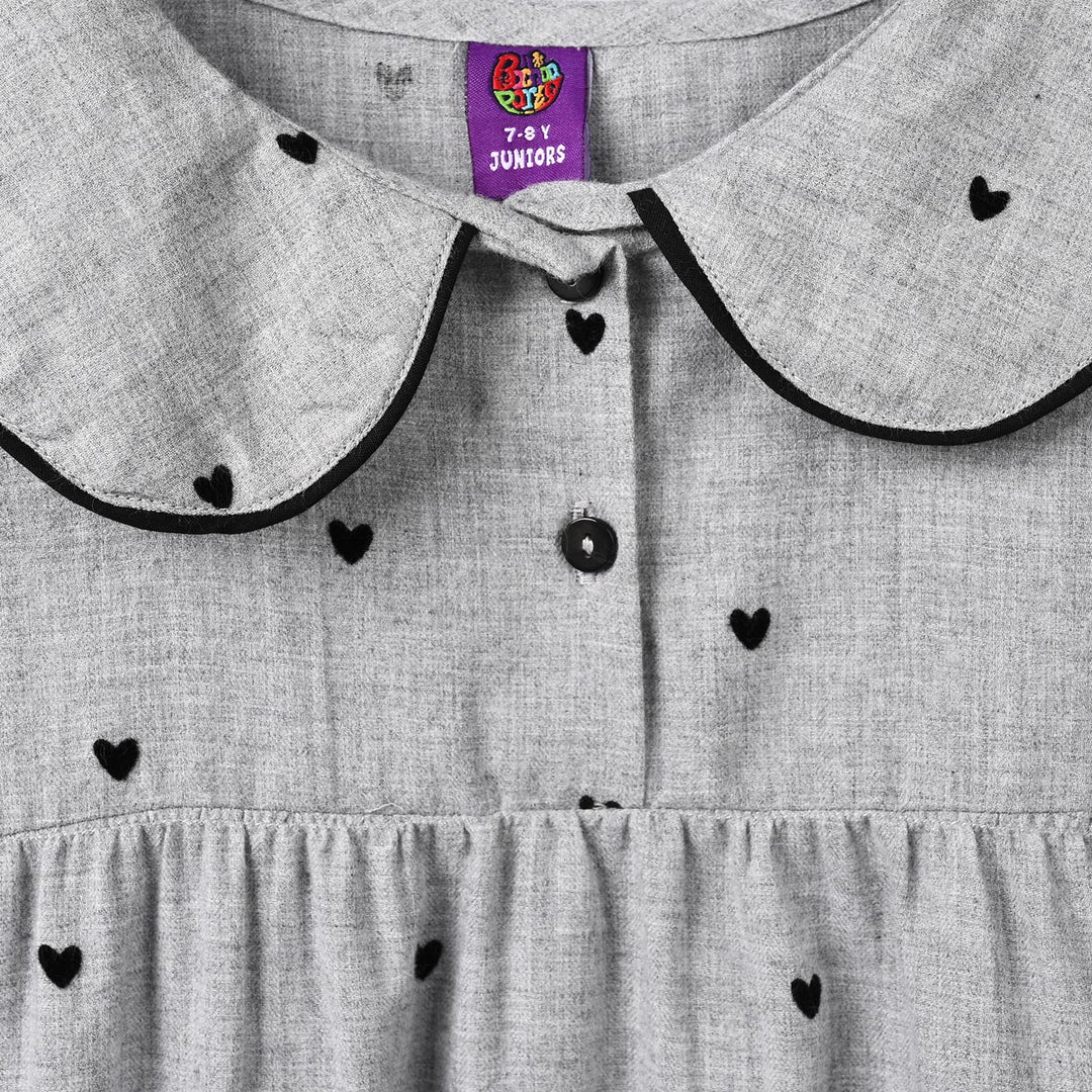 Girls Poly Viscose Casual Frock Black Hearts-GREY