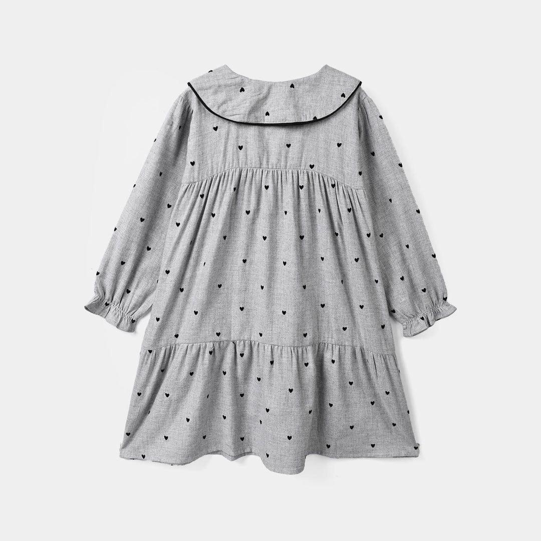 Girls Poly Viscose Casual Frock Black Hearts-GREY