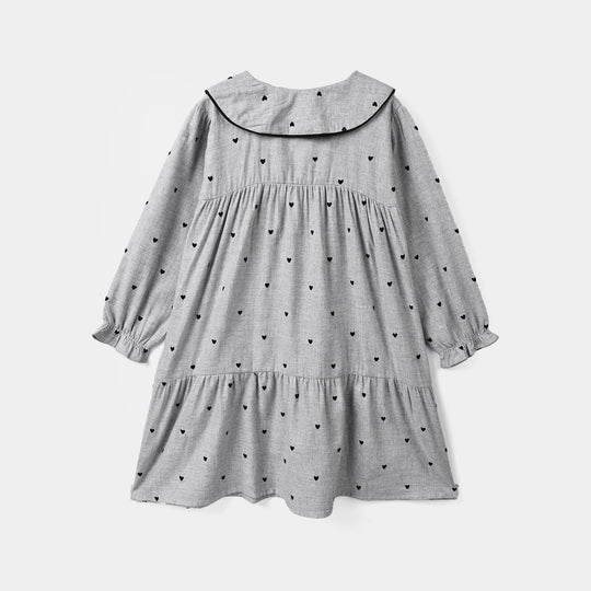 Girls Poly Viscose Casual Frock Black Hearts-GREY