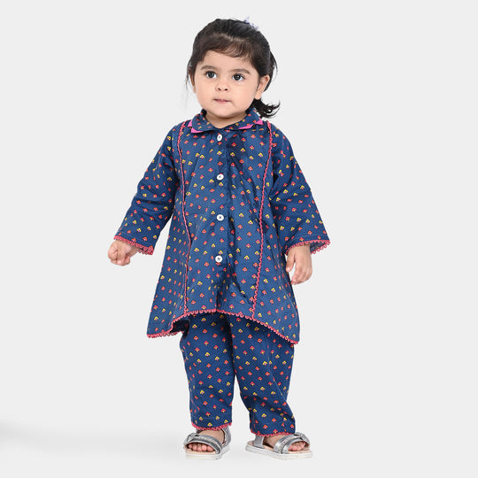 Infant Girls Cotton Poplin Printed 2PCs Suit Bittersweet-Navy Blue