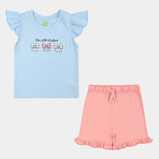 Infant Girls Cotton Jersey 2 Piece Set Bow Set-White.Pink