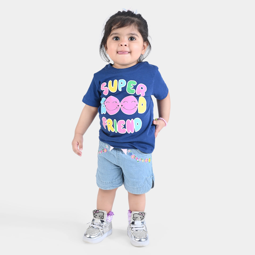 Infant Girls Cotton Jersey T-Shirt Super Good Friend-Navy Peony