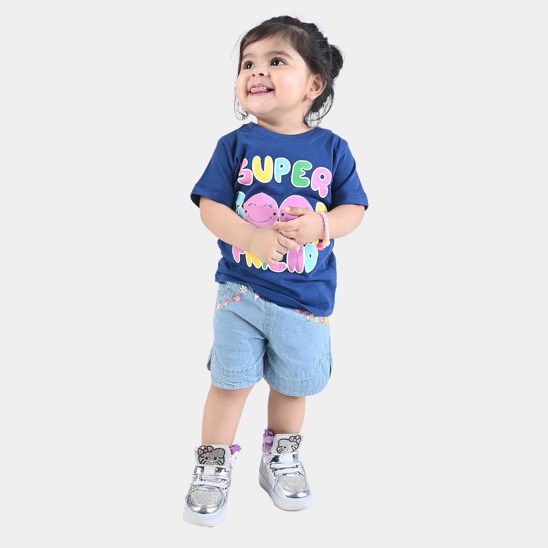 Infant Girls Cotton Jersey T-Shirt Super Good Friend-Navy Peony