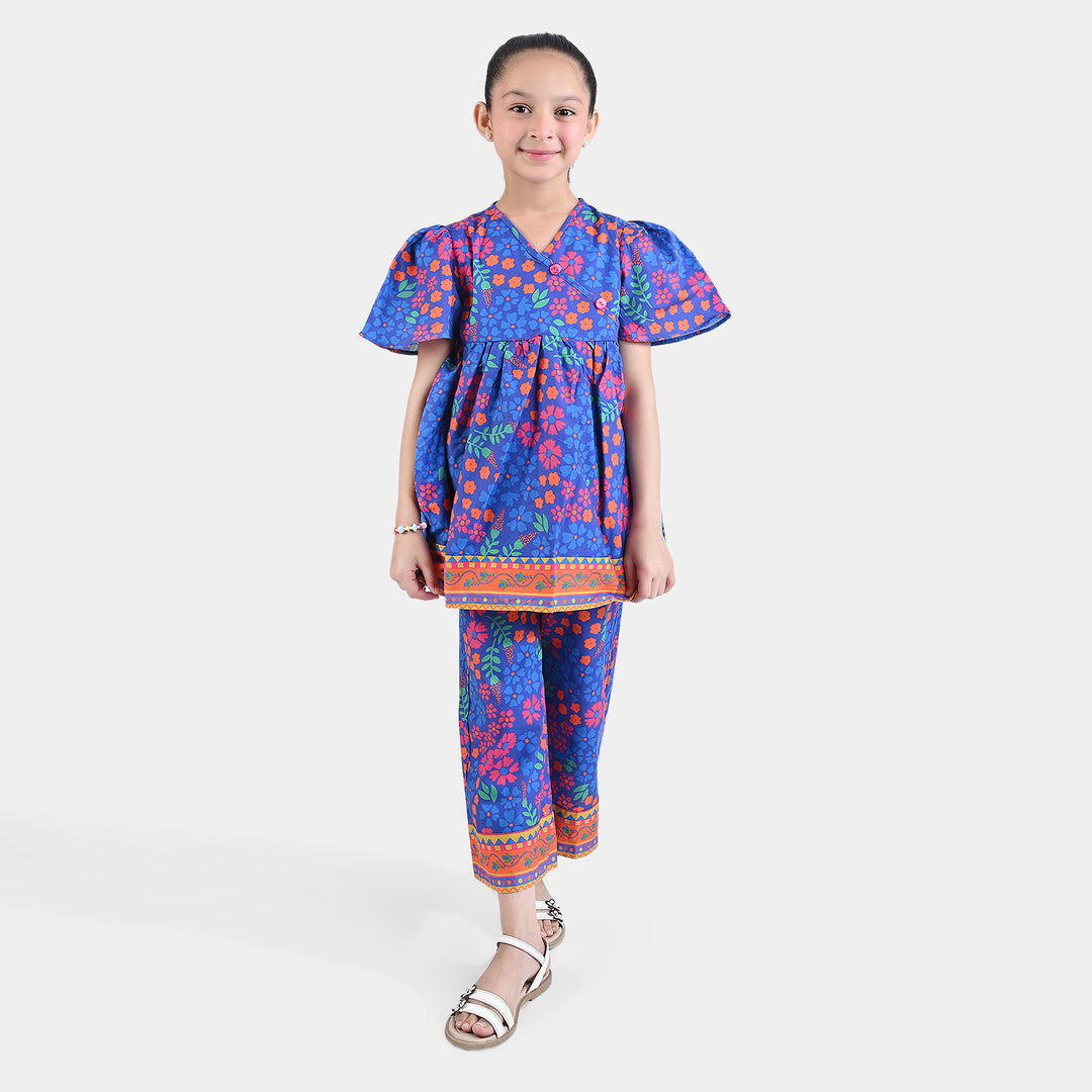 Girls Cotton Poplin Printed 2PC Suit Clara-Blue