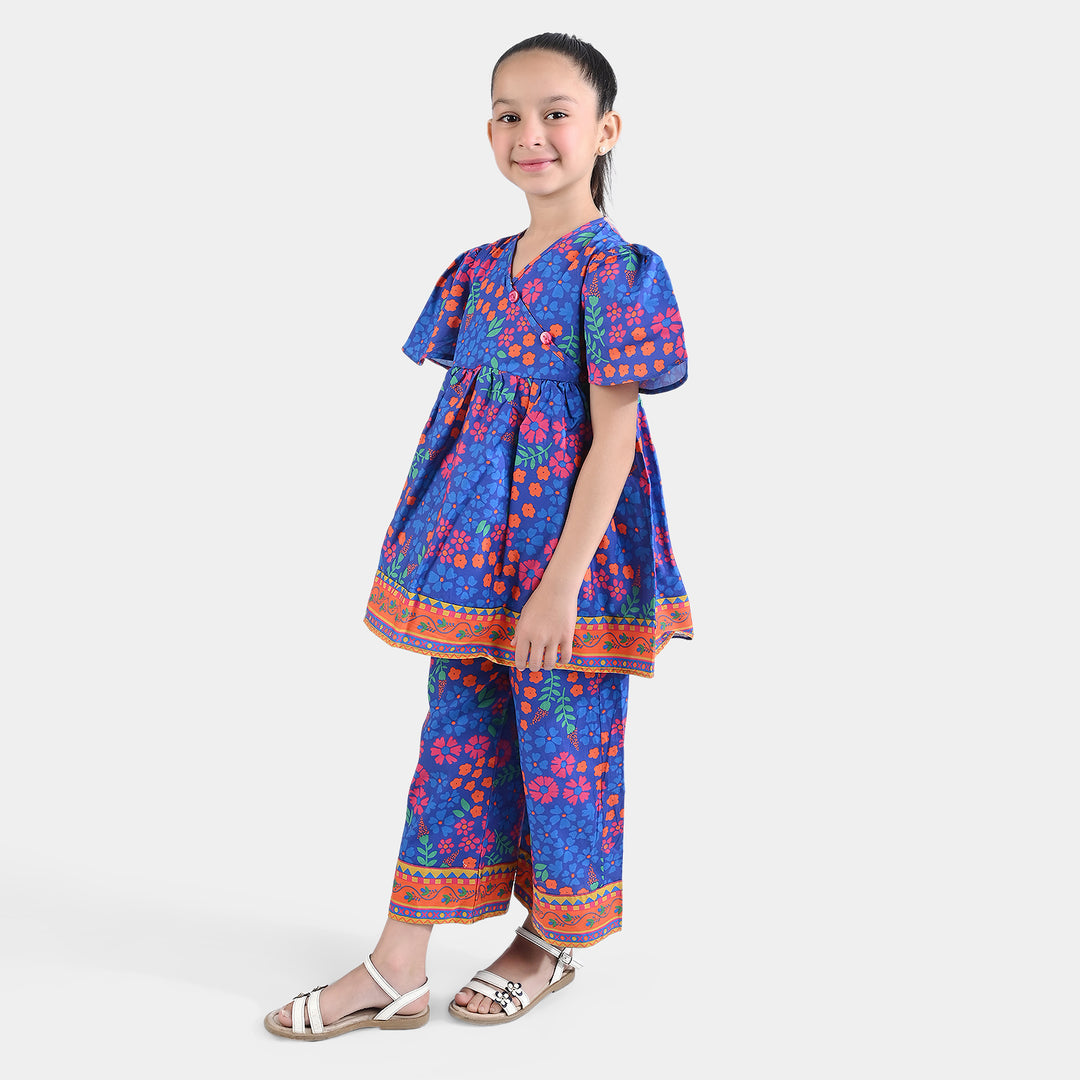 Girls Cotton Poplin Printed 2PC Suit Clara-Blue