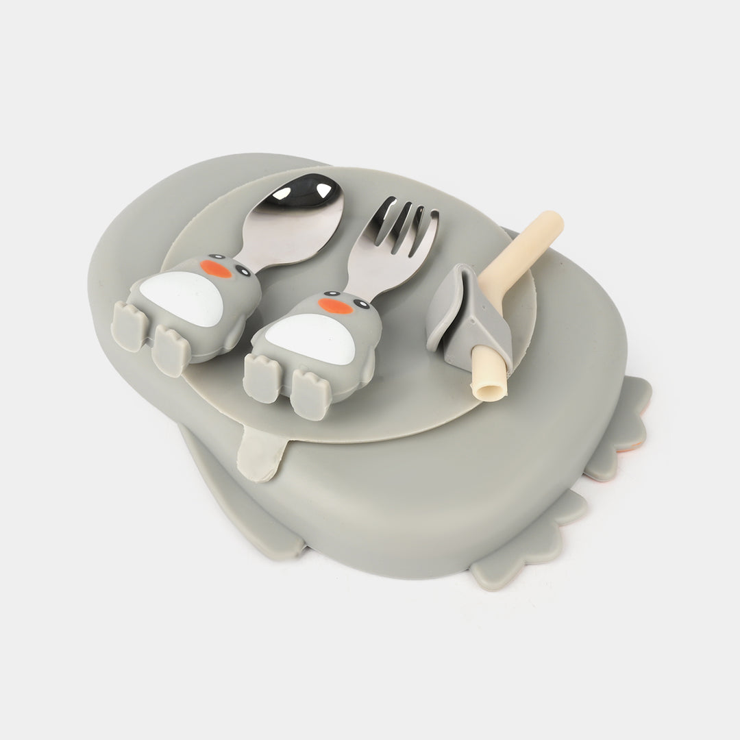 Food Grade Silicone Children's Cartoon Food Tray Bib and Stainless Steel Cutlery Sets