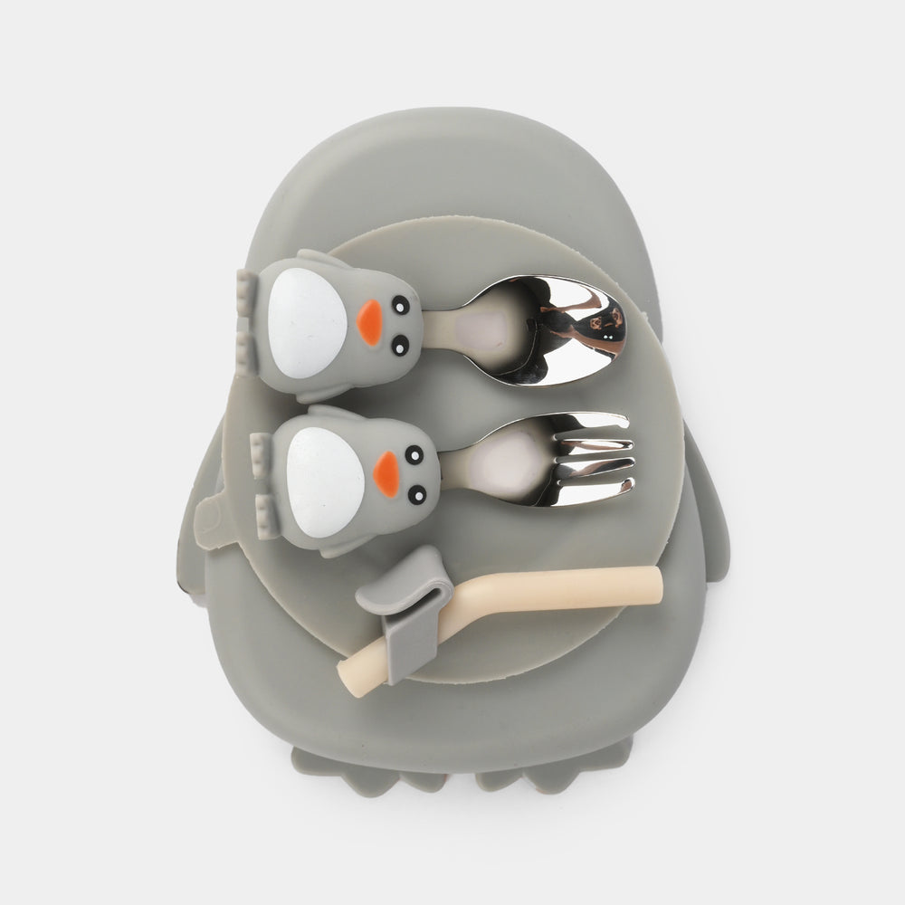 Food Grade Silicone Children's Cartoon Food Tray Bib and Stainless Steel Cutlery Sets