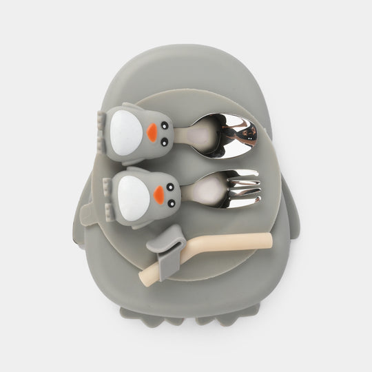 Food Grade Silicone Children's Cartoon Food Tray Bib and Stainless Steel Cutlery Sets