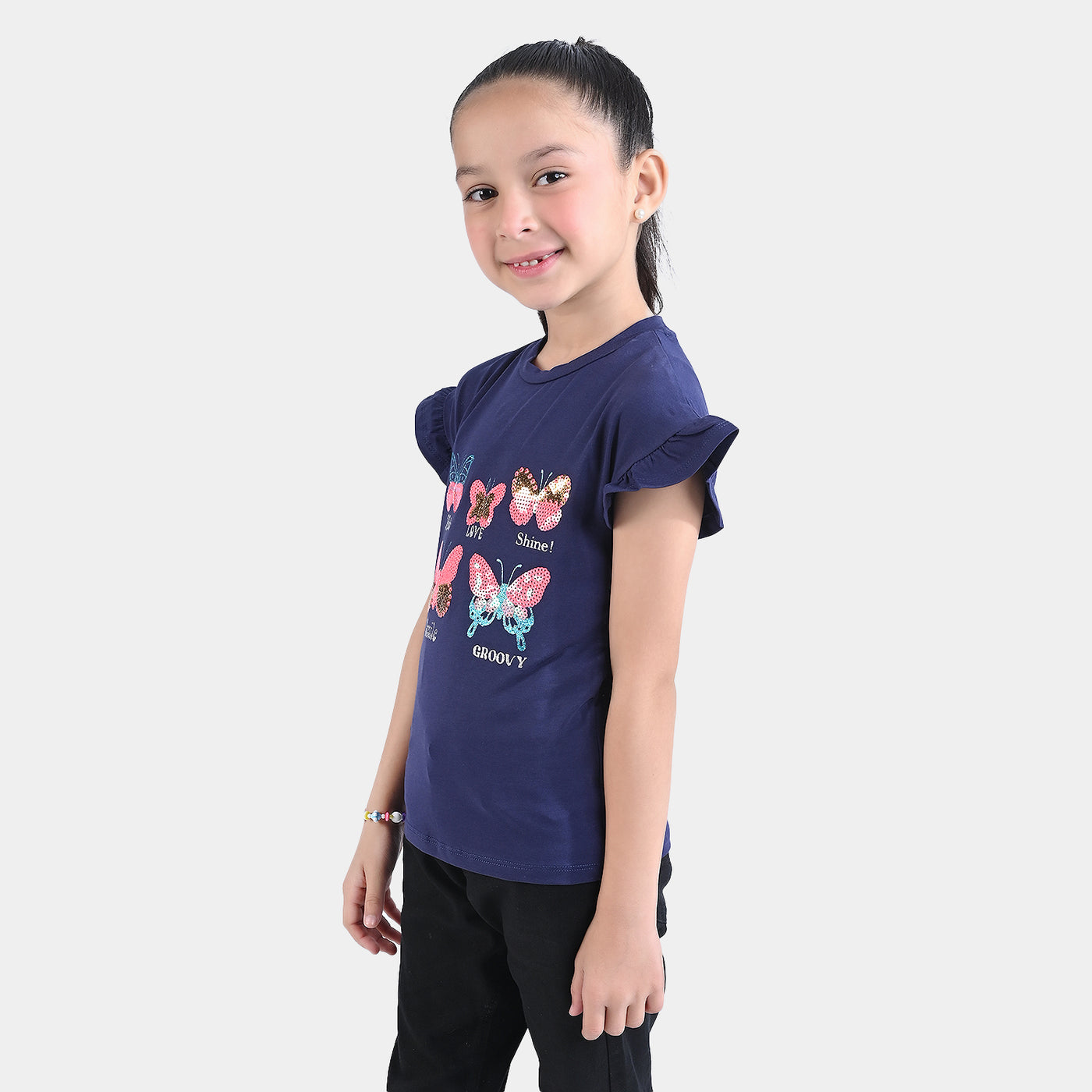 Girls Lycra Jersey T-Shirt Butterfly-NAVY