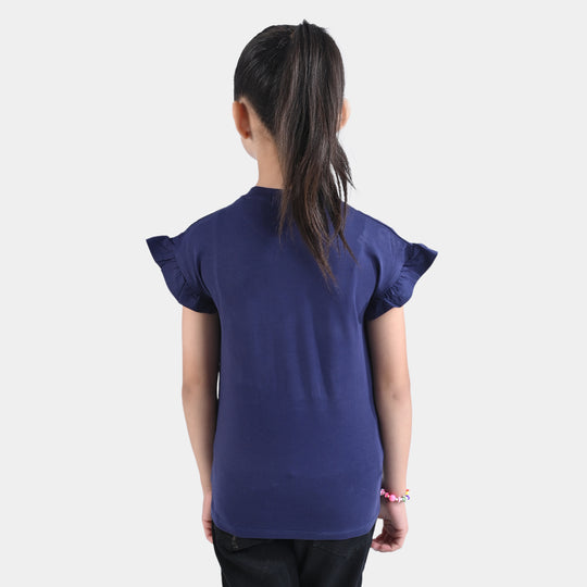 Girls Lycra Jersey T-Shirt Butterfly-NAVY