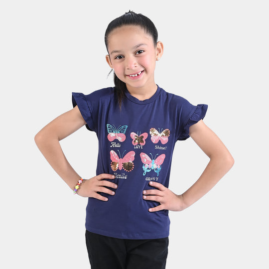 Girls Lycra Jersey T-Shirt Butterfly-NAVY