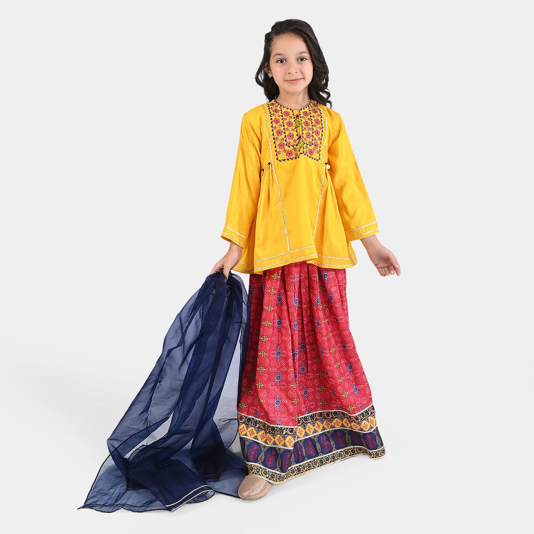 Girls Raw Silk 3PCs Suit Chunri-Yellow