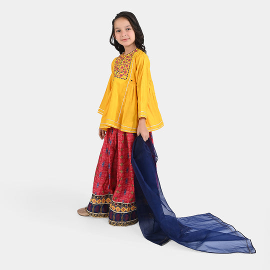 Girls Raw Silk 3PCs Suit Chunri-Yellow