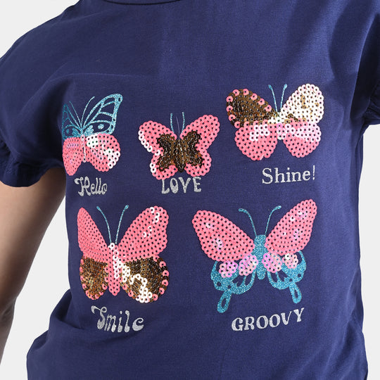 Girls Lycra Jersey T-Shirt Butterfly-NAVY