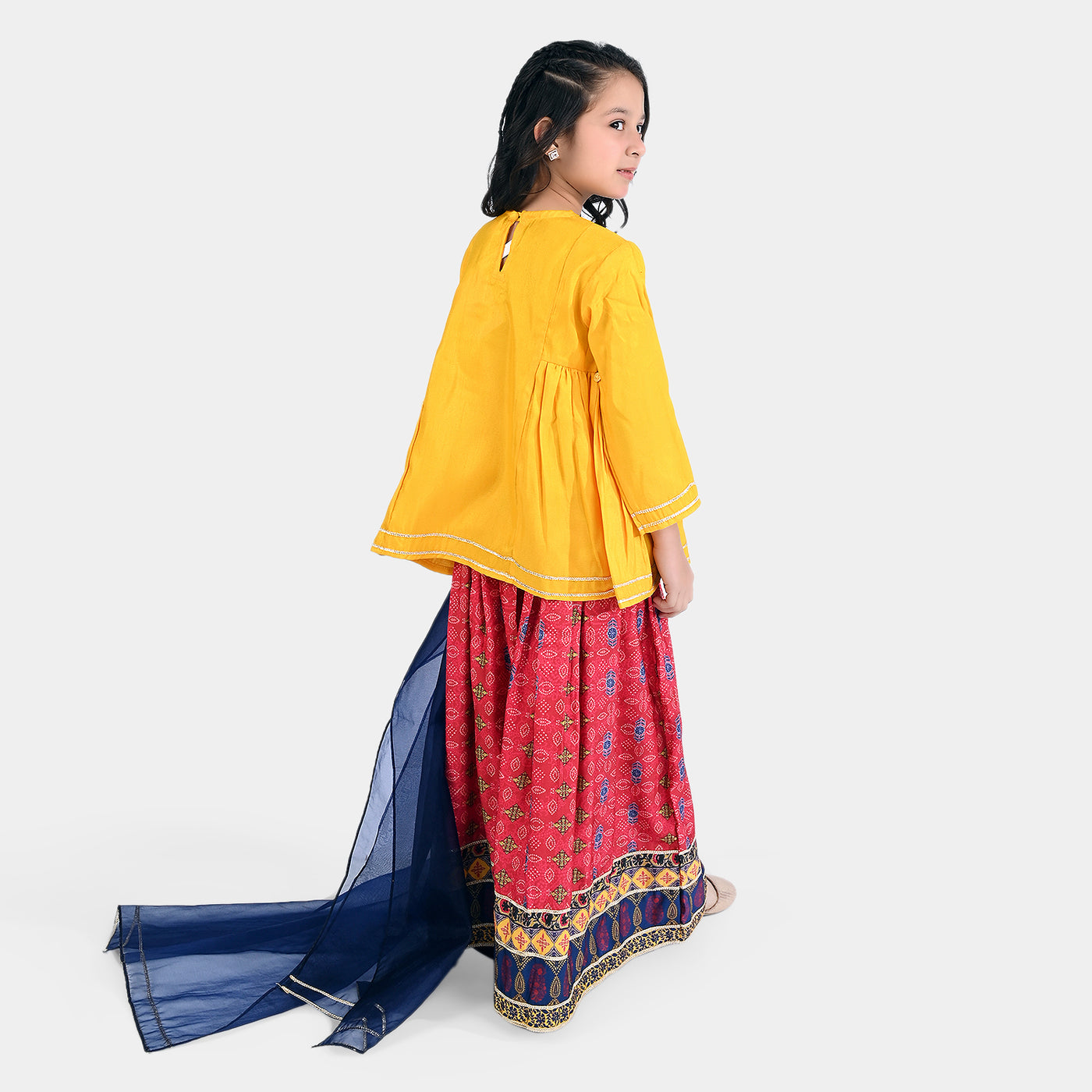 Girls Raw Silk 3PCs Suit Chunri-Yellow