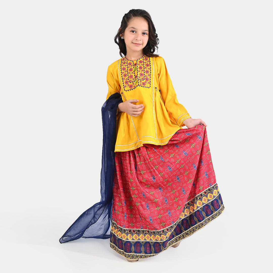 Girls Raw Silk 3PCs Suit Chunri-Yellow