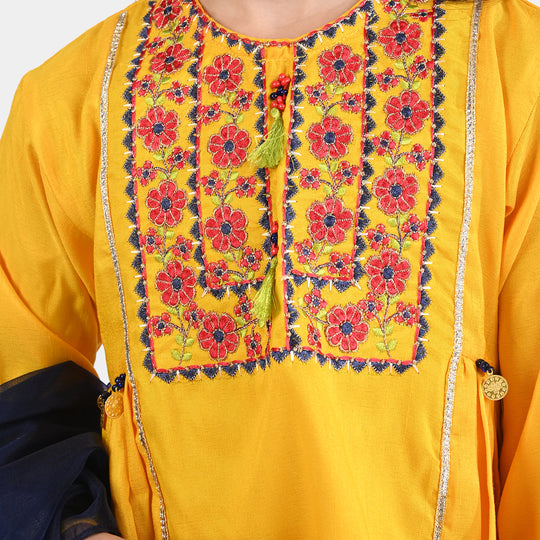 Girls Raw Silk 3PCs Suit Chunri-Yellow