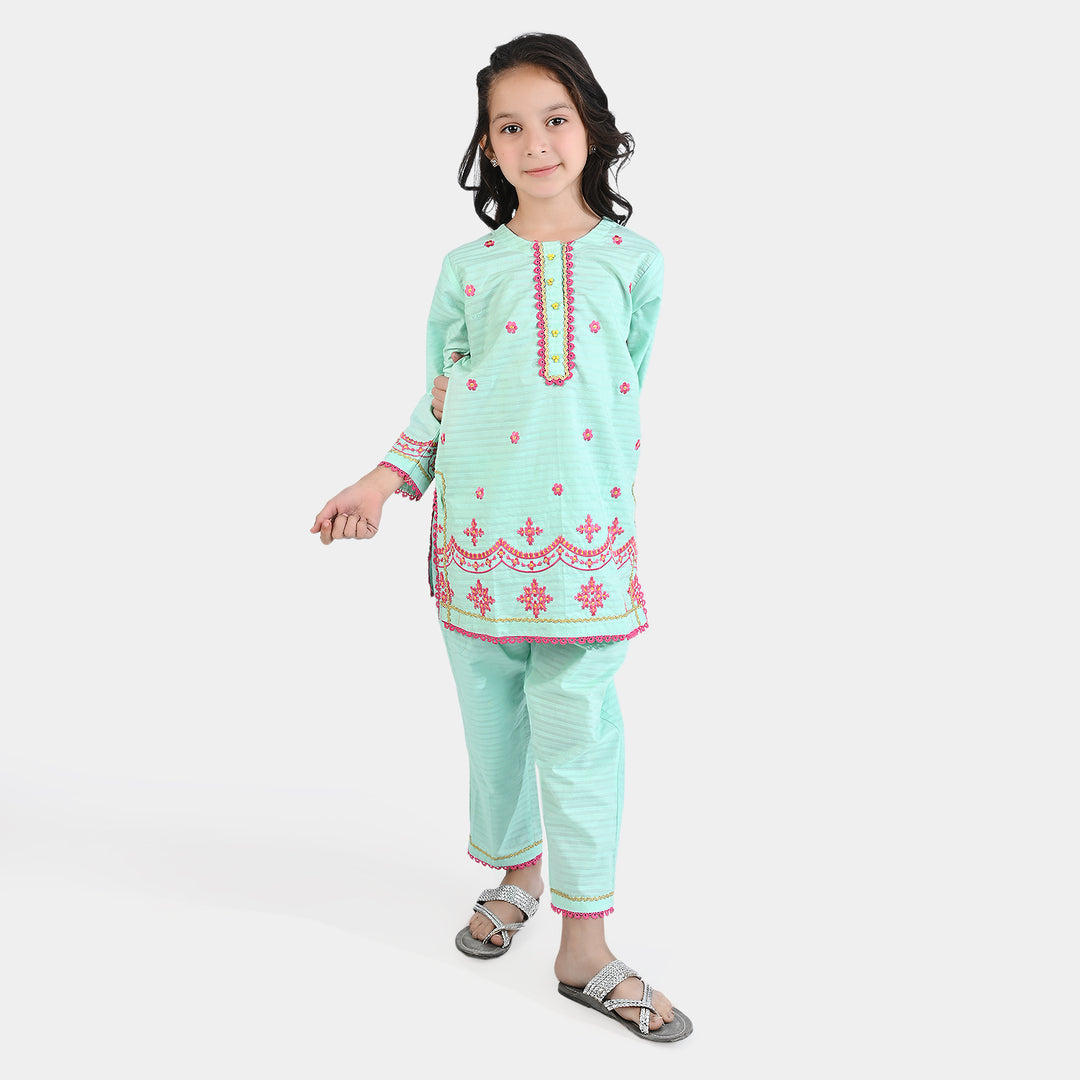 Girls Jacquard EMB 2PCs Suit-Mint Green