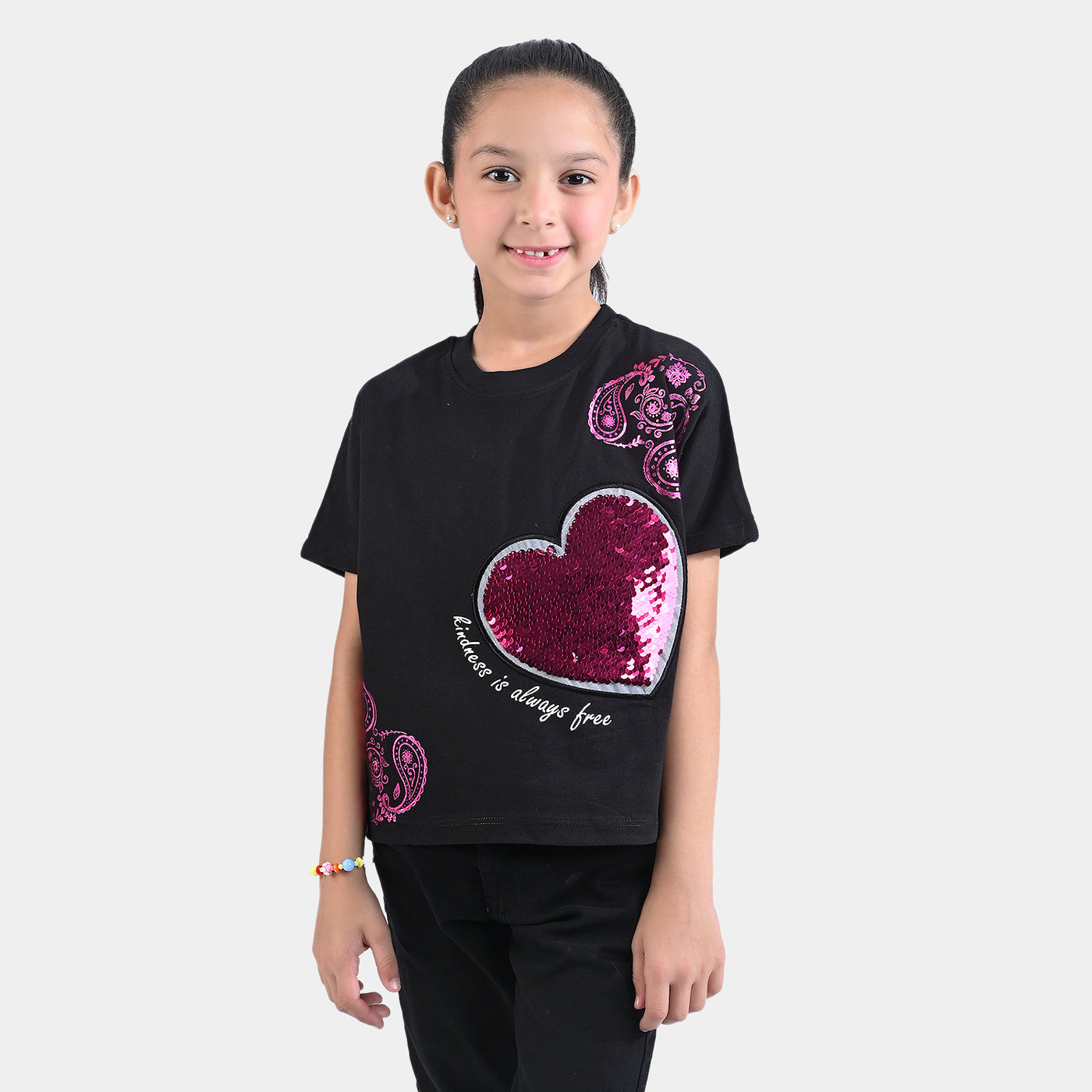 Girls Cotton Jersey T-Shirt H/S Hearts & Kindness-Jet Black