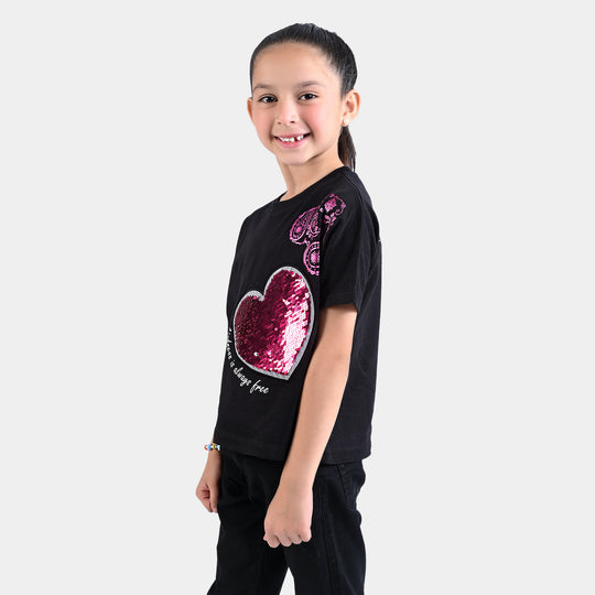 Girls Cotton Jersey T-Shirt H/S Hearts & Kindness-Jet Black