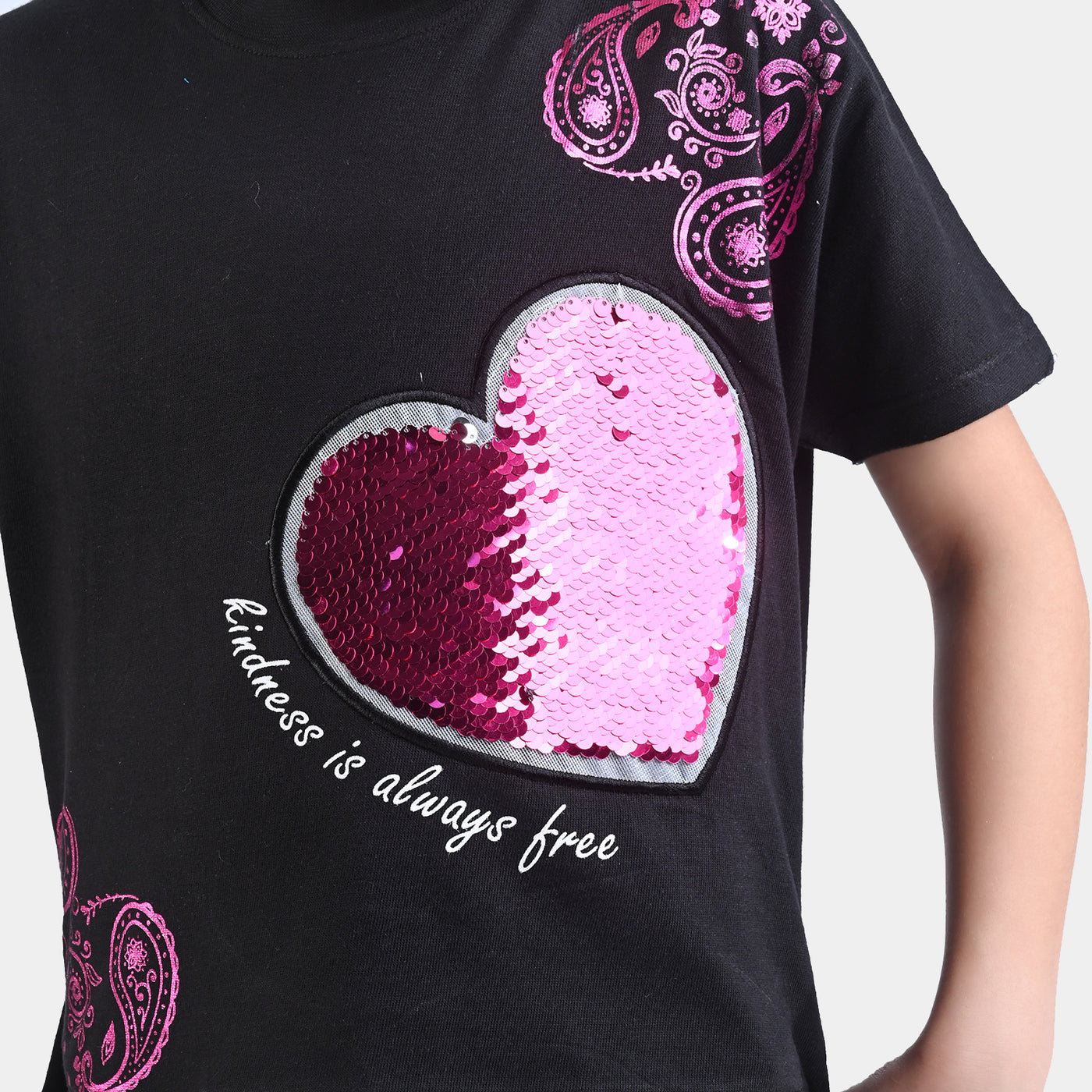 Girls Cotton Jersey T-Shirt H/S Hearts & Kindness-Jet Black