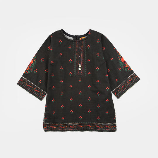Girls Cotton Slub printed Kurti Red Motif-BLACK