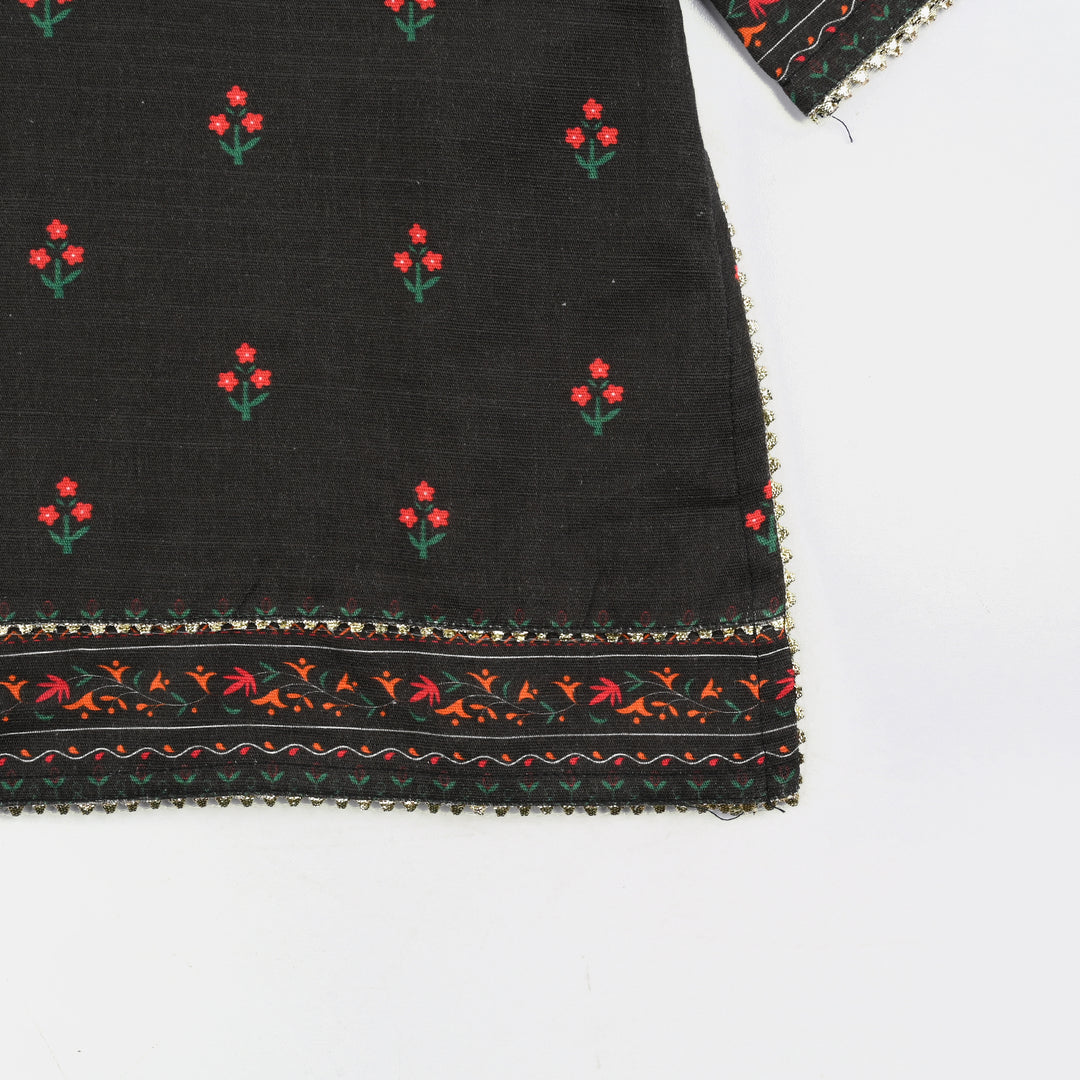 Girls Cotton Slub printed Kurti Red Motif-BLACK