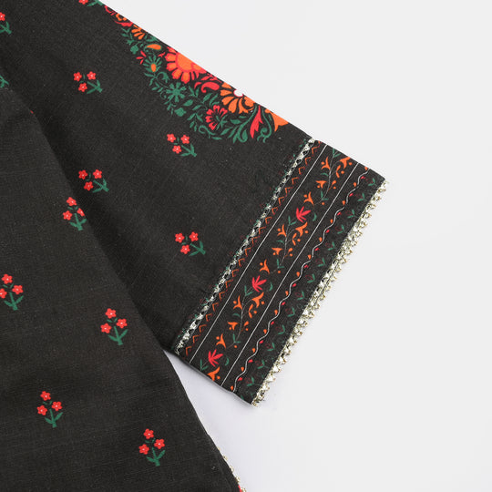 Girls Cotton Slub printed Kurti Red Motif-BLACK