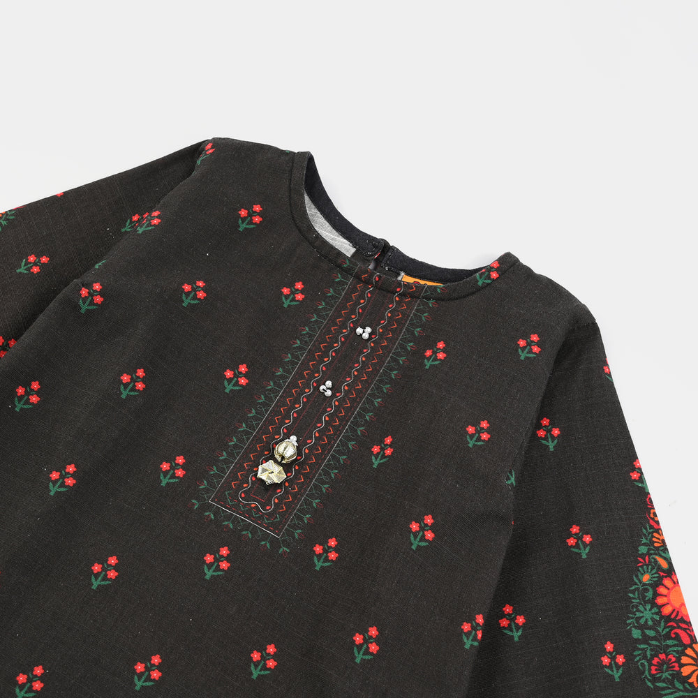 Girls Cotton Slub printed Kurti Red Motif-BLACK