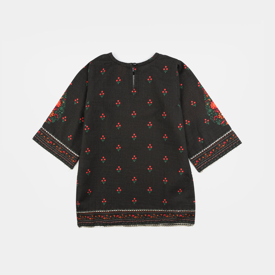 Girls Cotton Slub printed Kurti Red Motif-BLACK